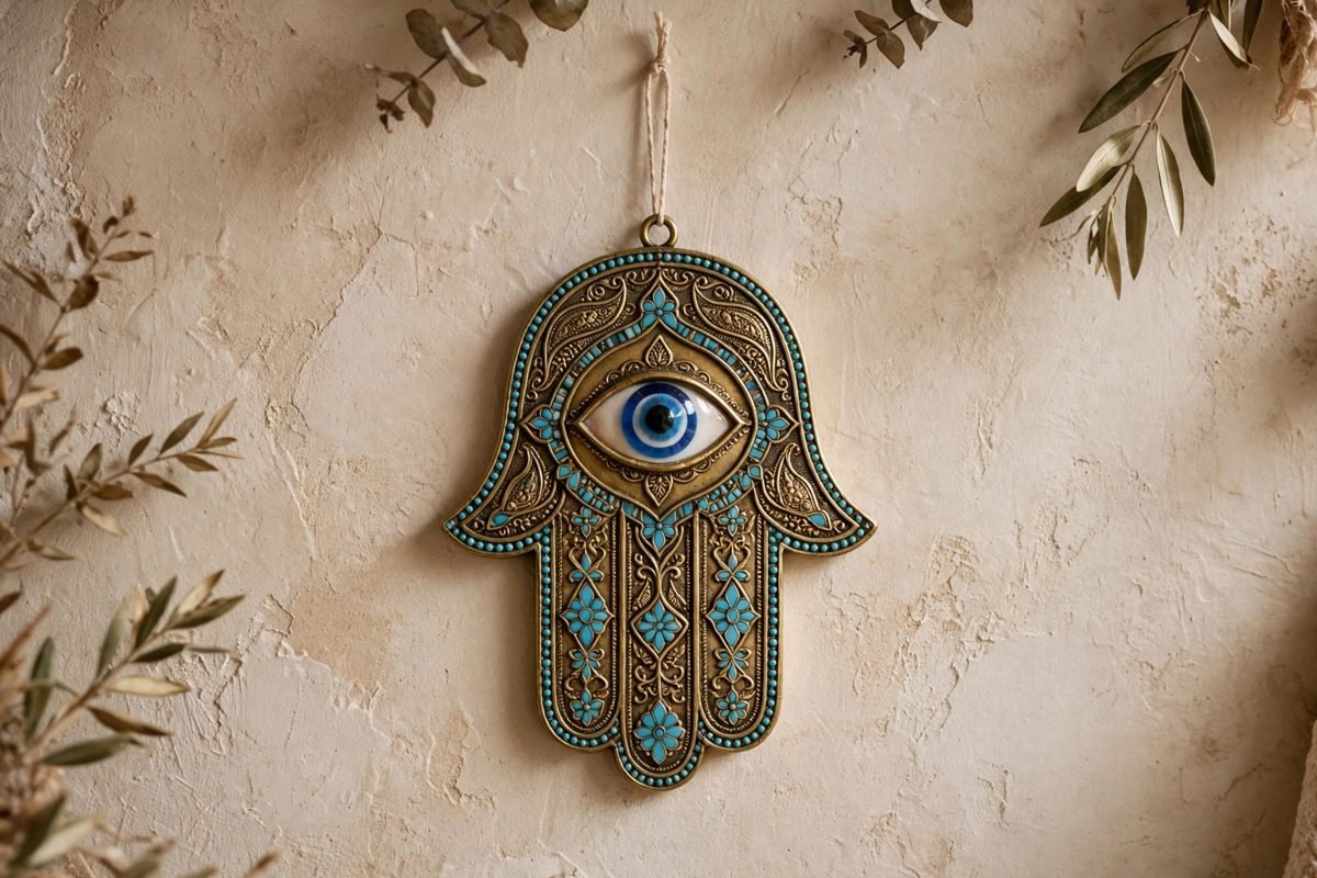 A decorative hamsa hand amulet with an eye in its palm displayed on a wall.