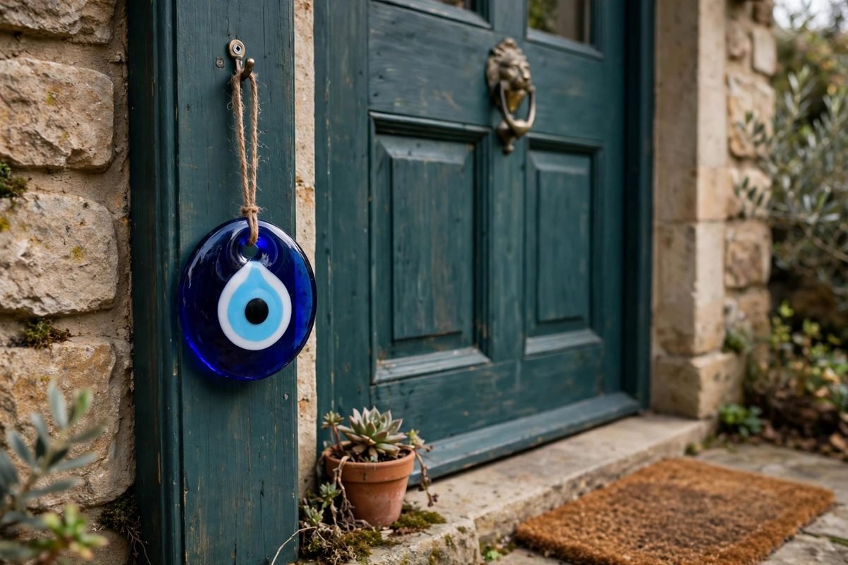 A blue evil eye amulet hanging by the front door of a home.