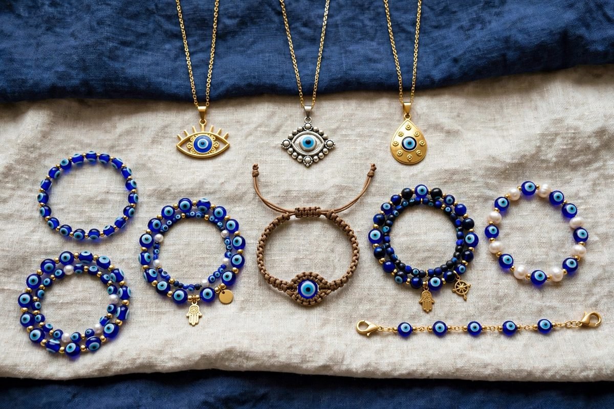Evil eye bracelets and pendants arranged neatly on a display surface.