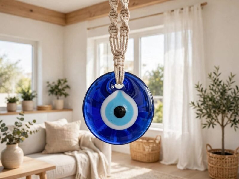 A blue evil eye amulet hanging in a bright home interior, symbolising protection in many cultures.
