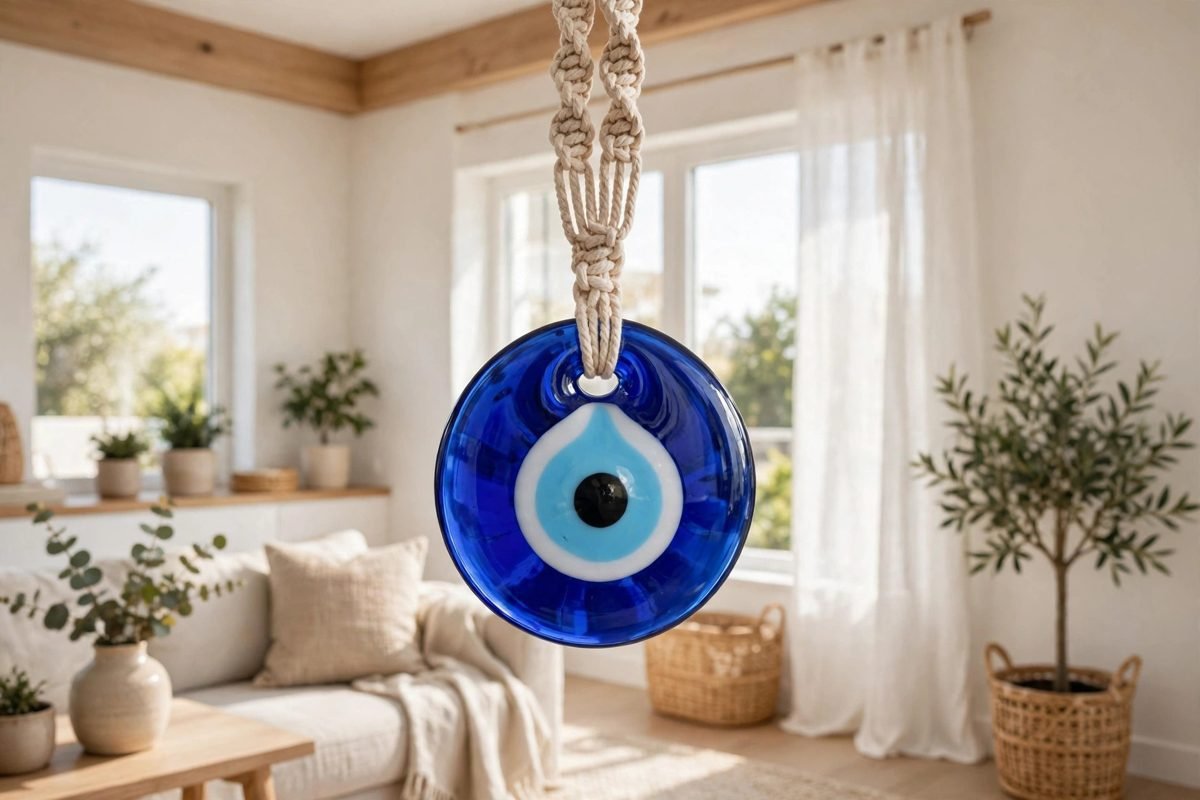 A blue evil eye amulet hanging in a bright home interior, symbolising protection in many cultures.