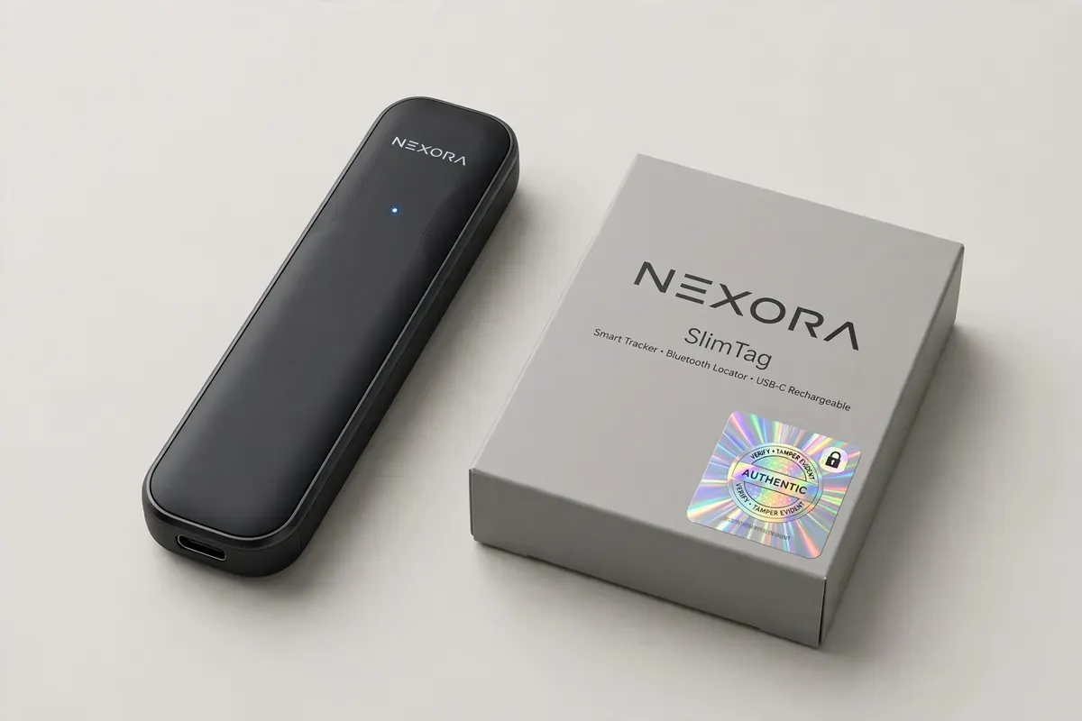 A disposable vape device beside its retail box with a holographic authenticity sticker.