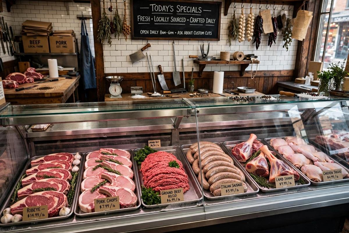 A butcher's counter comparing hogget, lamb and mutton cuts so shoppers can see the difference.