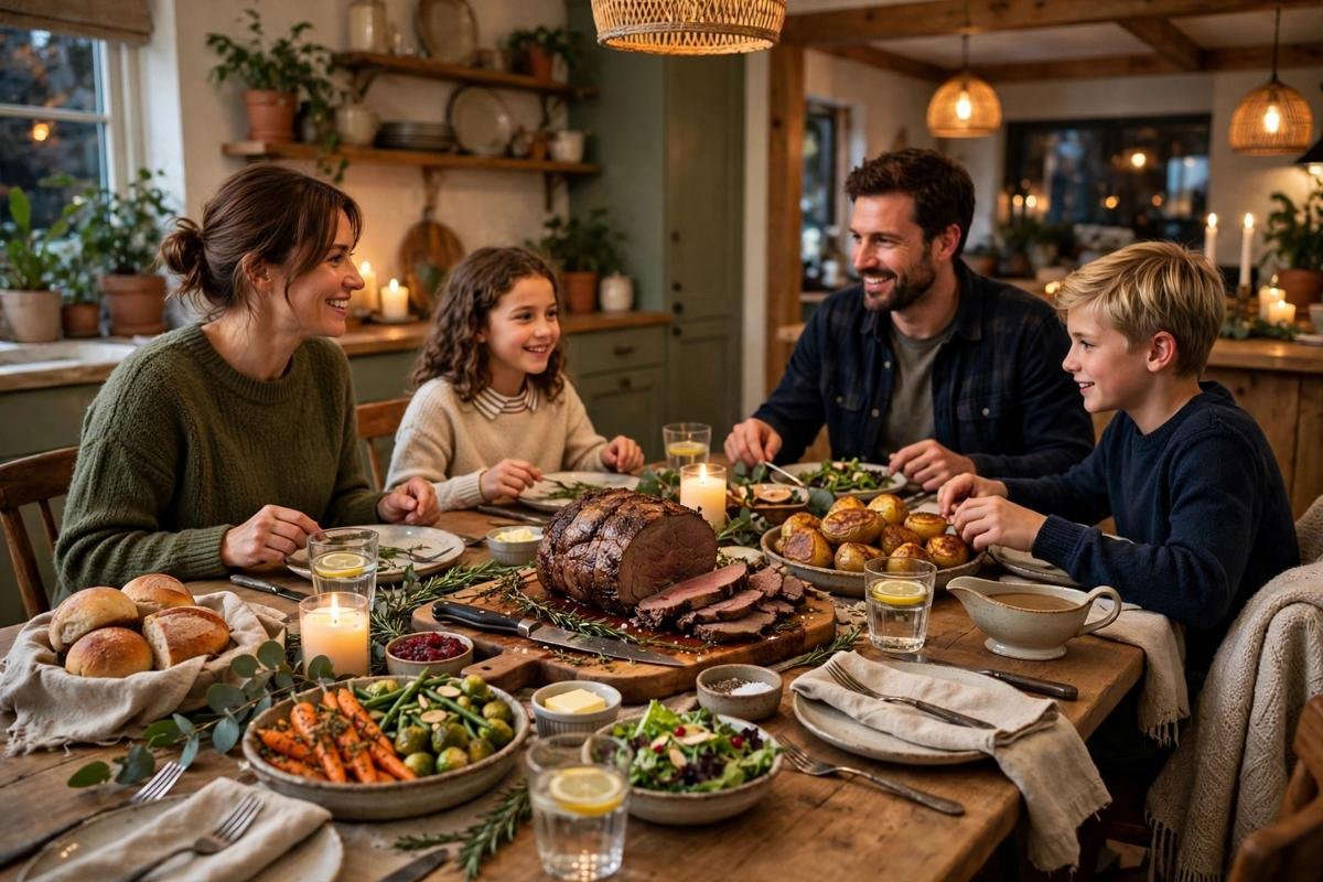 A family dinner table with carved hogget roast, roast potatoes and seasonal vegetables ready to serve.