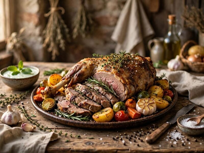 A slow-roasted hogget joint resting on a wooden carving board with fresh rosemary and golden roast potatoes.