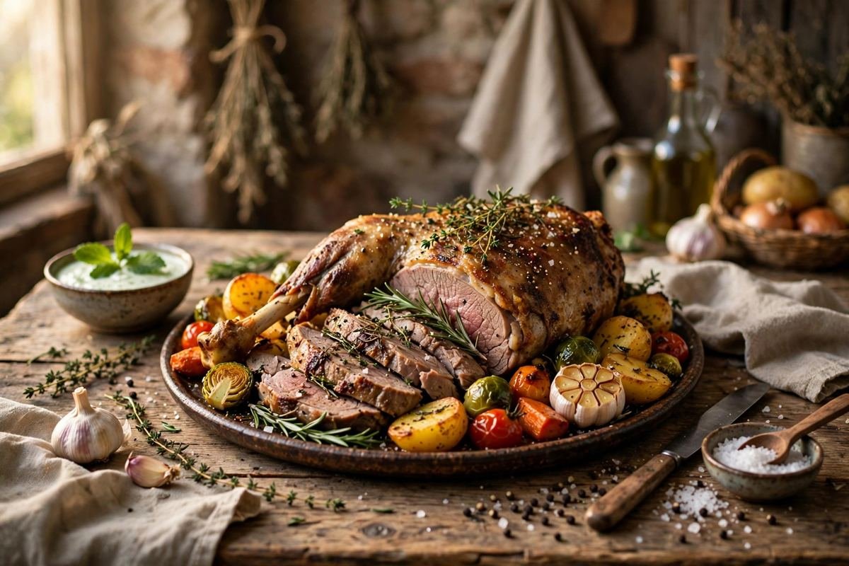 A slow-roasted hogget joint resting on a wooden carving board with fresh rosemary and golden roast potatoes.