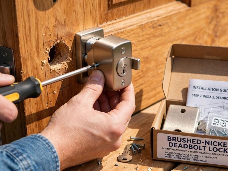Hands installing a new deadbolt lock on a wooden front door with a screwdriver.