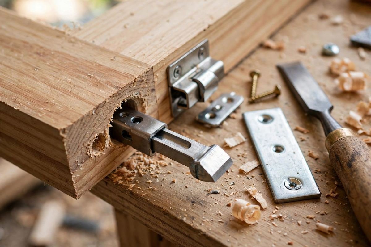 Inserting a new door latch bolt into the edge of a wooden door.