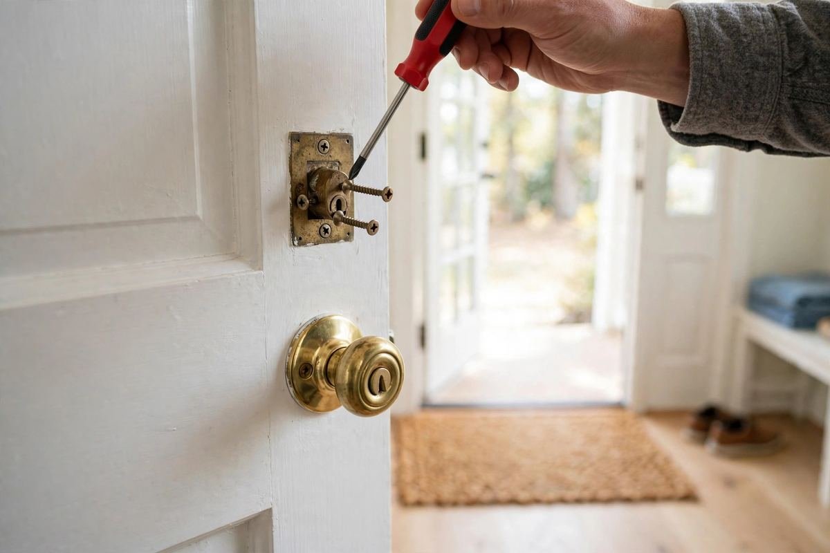 Removing an old brass deadbolt from a door with a Phillips screwdriver.