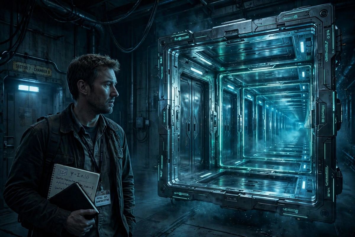 A moody sci-fi corridor with a glowing portal, evoking the Apple TV series Dark Matter starring Joel Edgerton.