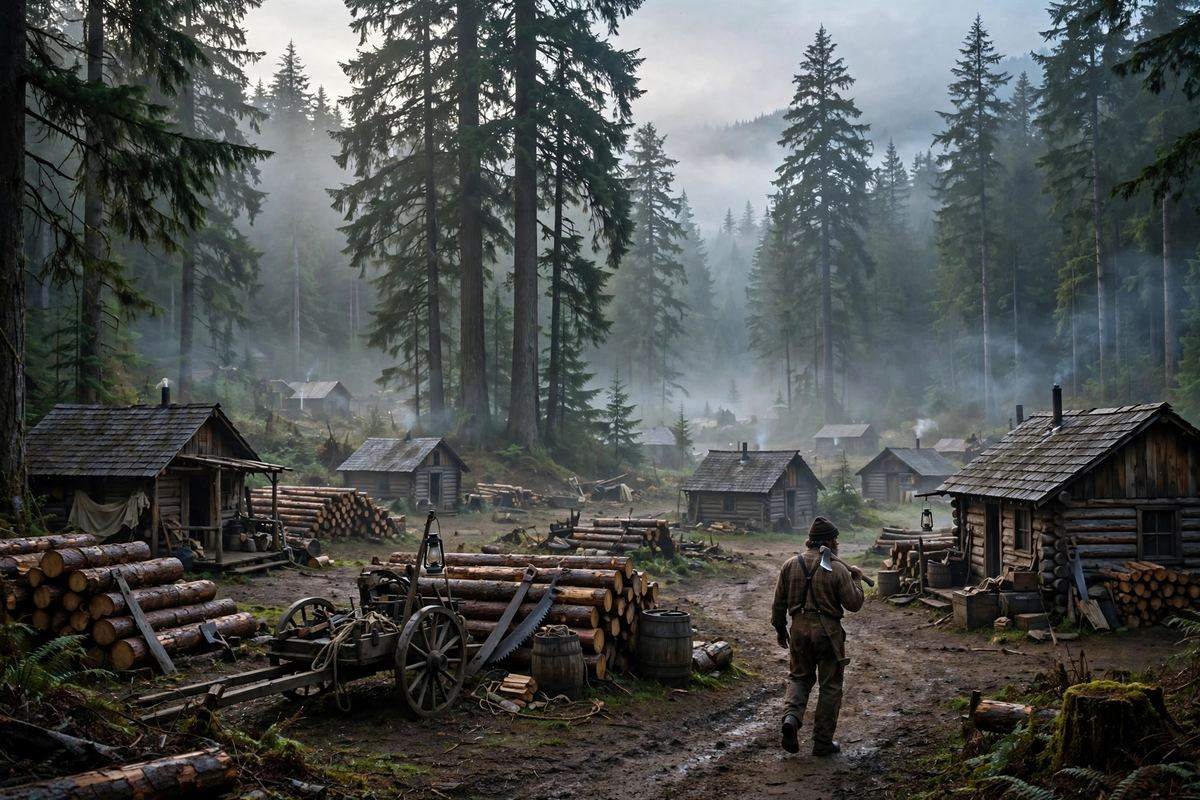 A 1920s Pacific Northwest logging camp at dawn, recalling the setting of Train Dreams, Joel Edgerton's 2025 film.