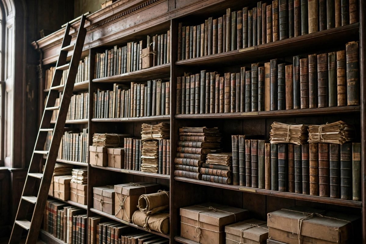 Old bound military volumes and archives stored on shelves in a historic library.