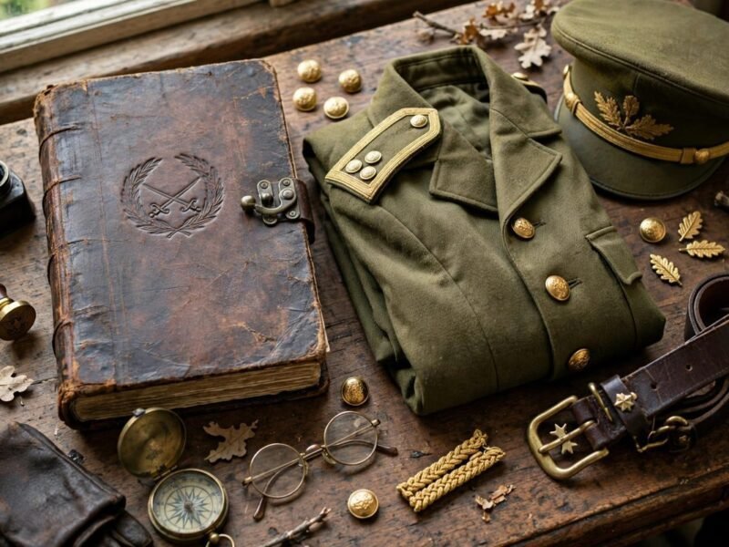A historic military regulation book and uniform details arranged on a wooden desk, evoking army administration and discipline.