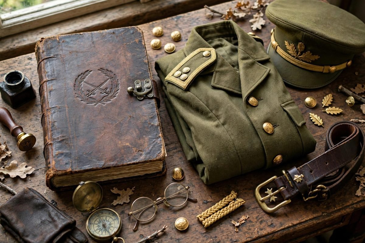 A historic military regulation book and uniform details arranged on a wooden desk, evoking army administration and discipline.