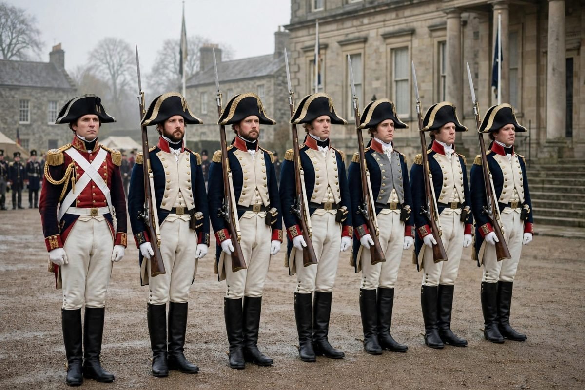 Historic soldiers in traditional uniforms standing on parade in a formal military setting.
