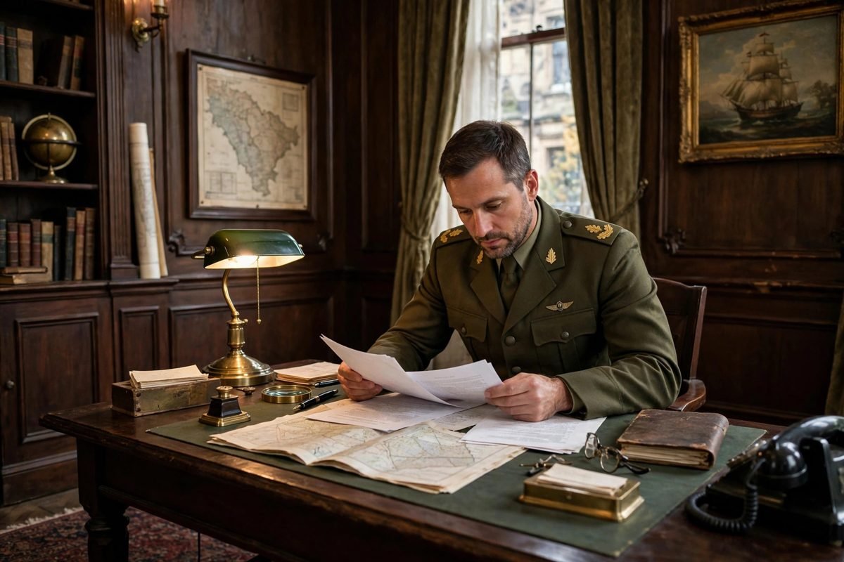 A military officer reviewing documents at a desk in a historic office setting.