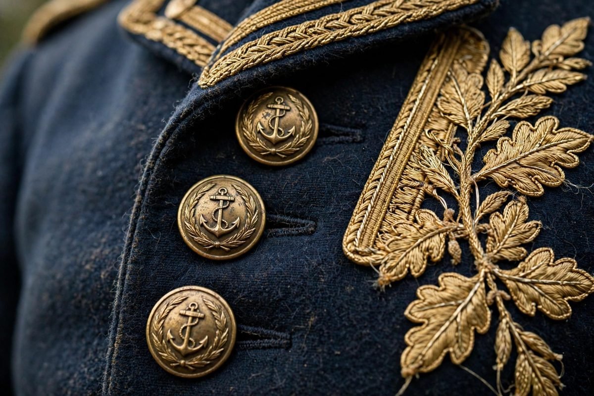 A close-up detail of a historic military uniform with buttons and insignia.