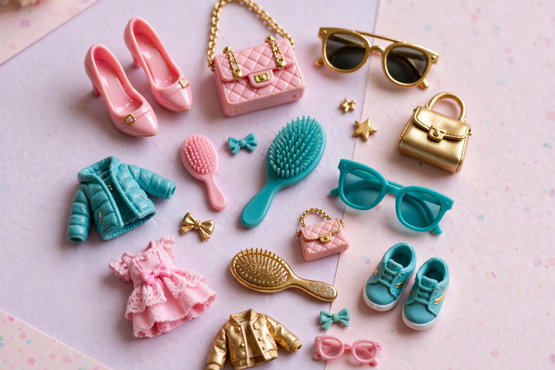 Tiny L.O.L. Surprise! style doll accessories including miniature shoes, handbags and outfits