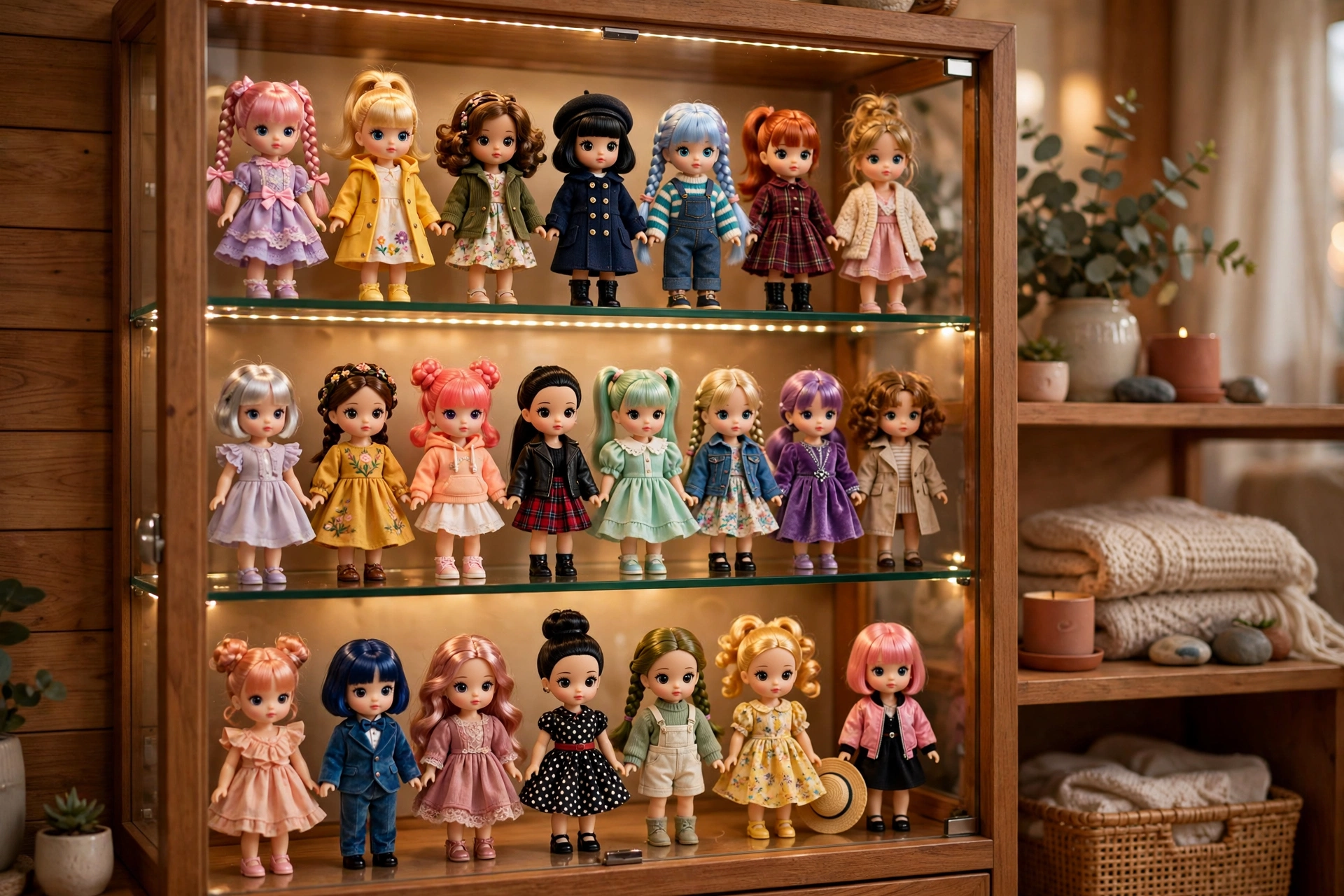 Collector's display shelf filled with rows of small fashion dolls