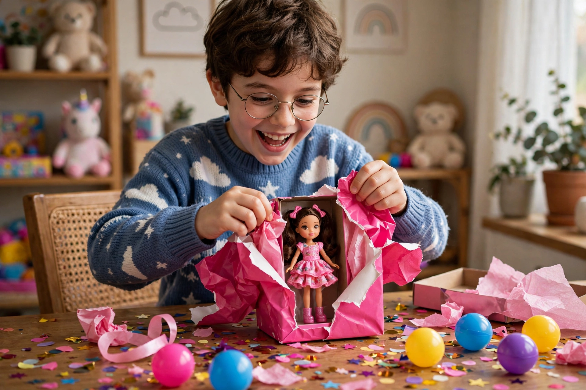 Child unboxing a surprise fashion doll toy package