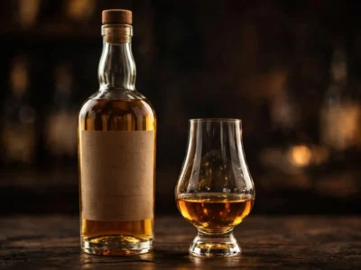 A bottle of single malt whisky beside a tasting glass of amber liquid on a dark wooden table, representing Macallan 12 as a classic Speyside Scotch.