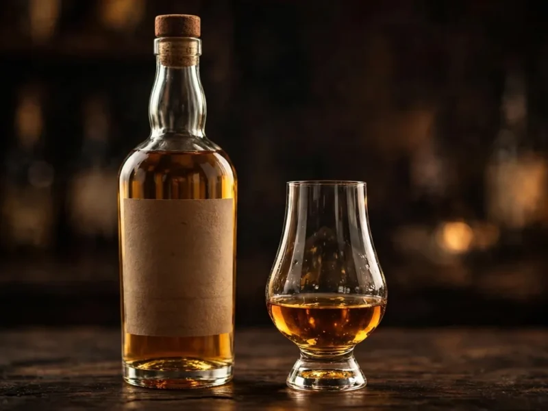 A bottle of single malt whisky beside a tasting glass of amber liquid on a dark wooden table, representing Macallan 12 as a classic Speyside Scotch.