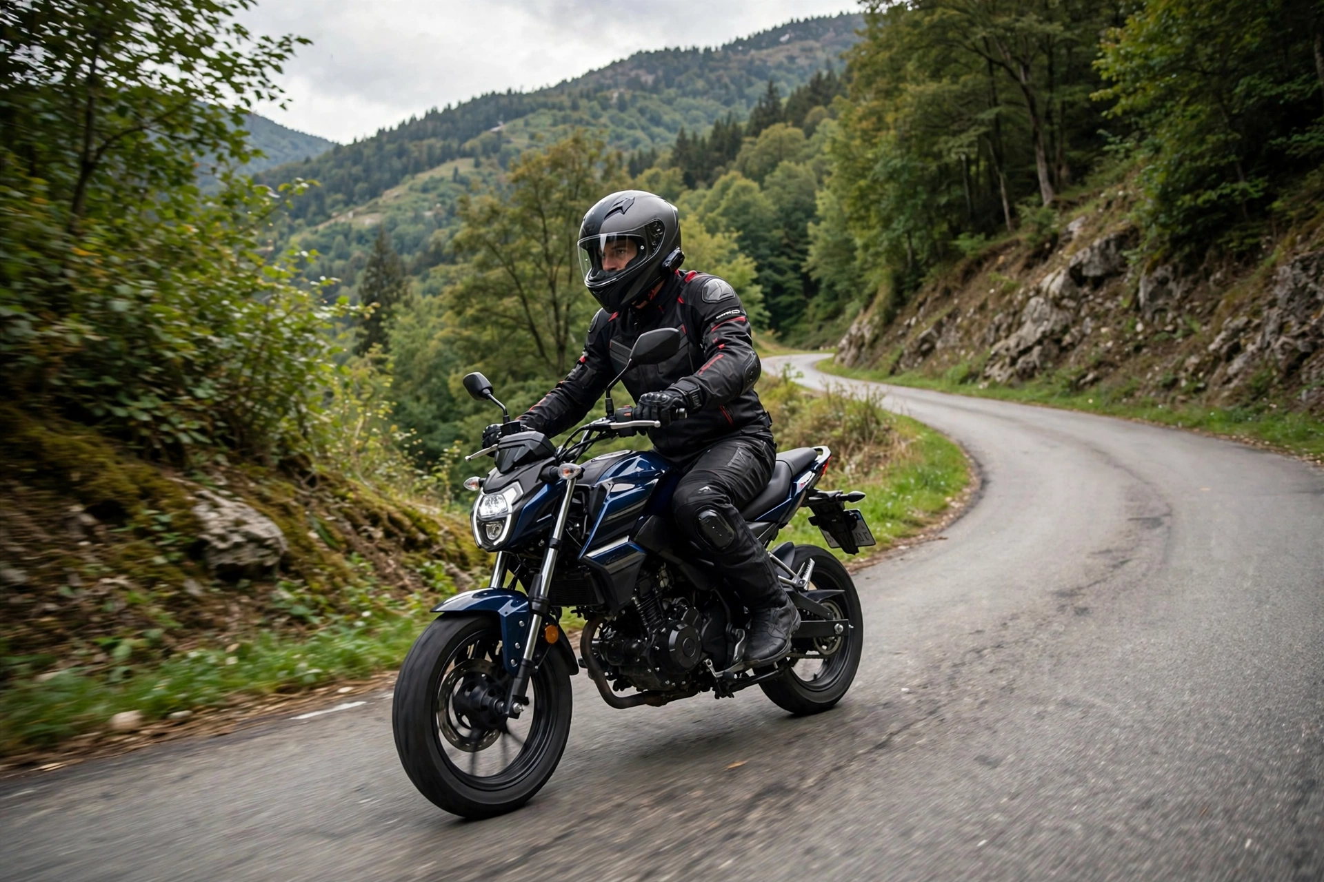 Rider in full gear on a small street motorcycle on a winding road