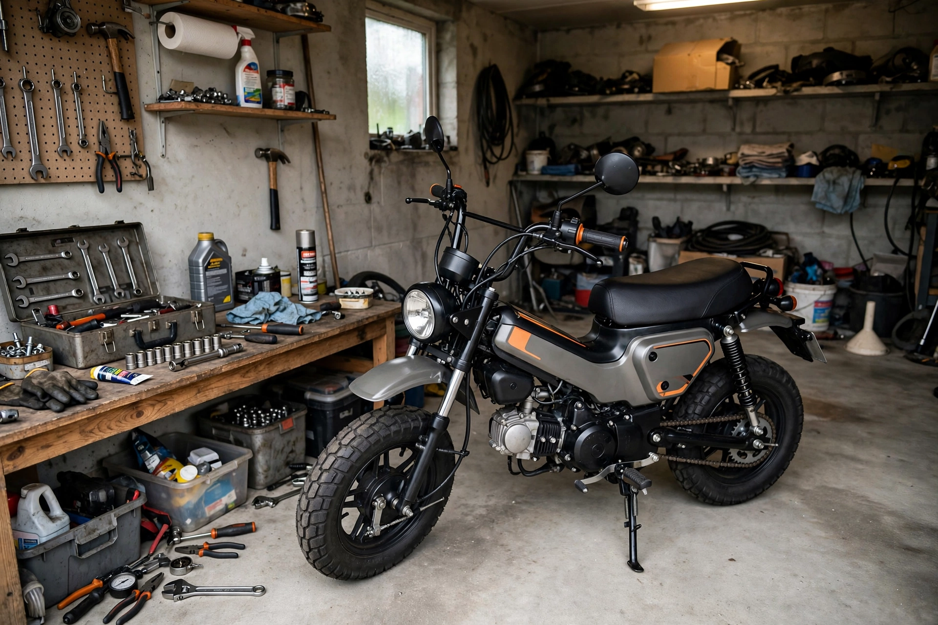 Small motorcycle parked in a garage with basic maintenance tools nearby