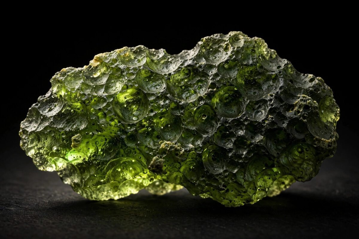A raw green moldavite stone with a pitted, sculpted surface resting on a dark background