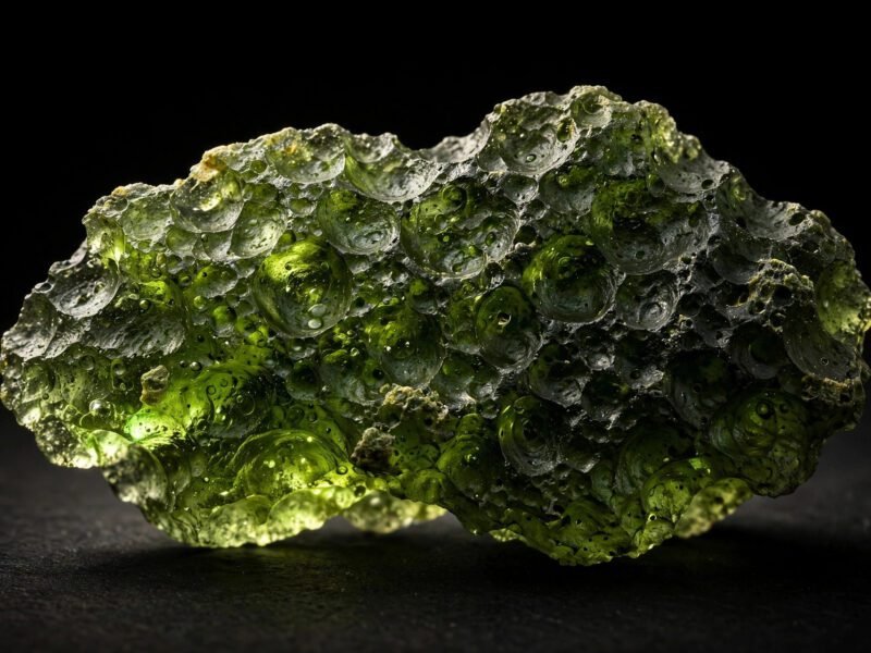 A raw green moldavite stone with a pitted, sculpted surface resting on a dark background