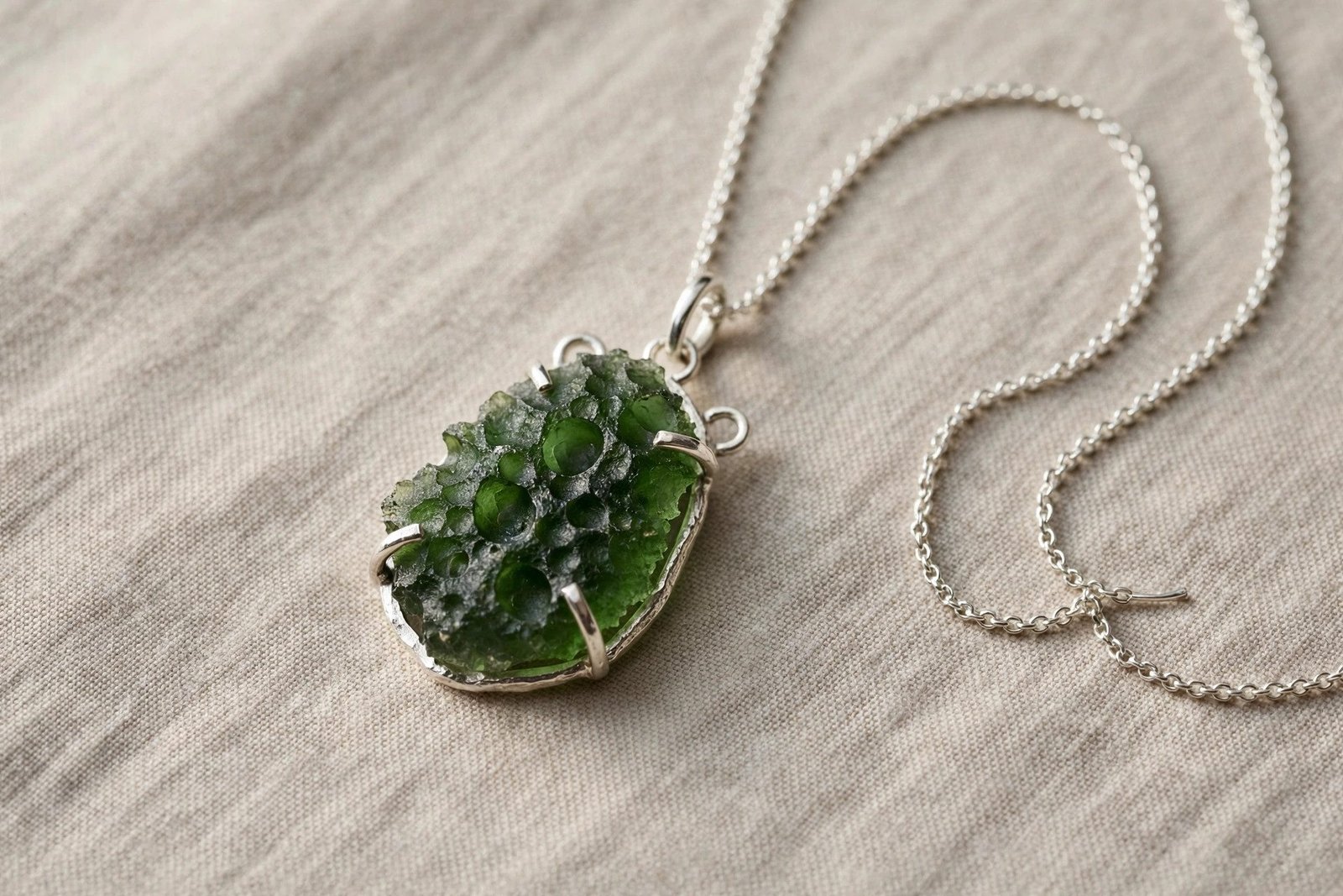 A moldavite pendant necklace displayed on a plain neutral surface