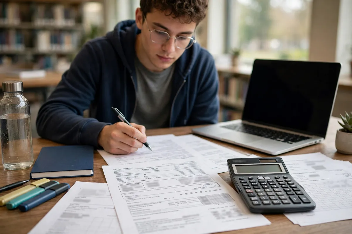 A student reviewing a billing statement with a calculator and laptop, representing the billing and payment portal inside MSU SIS.