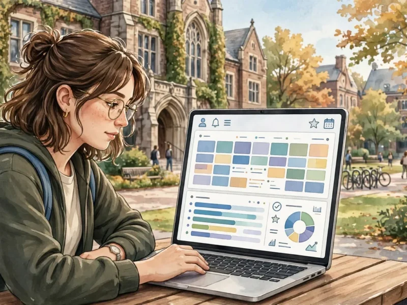 A Michigan State student using a laptop showing a student portal dashboard, illustrating how MSU SIS brings classes, grades, and billing together in one place.