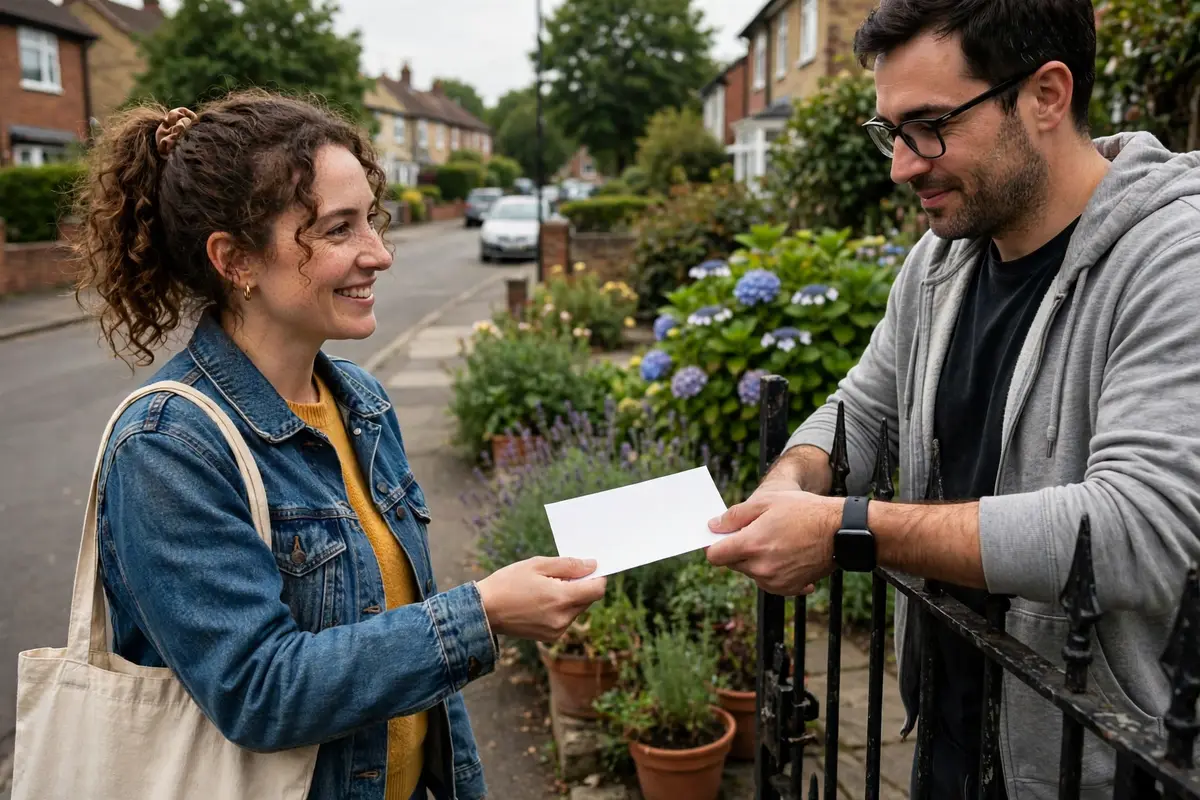 A neighbour handing out a flyer inviting residents to a first community action meeting.