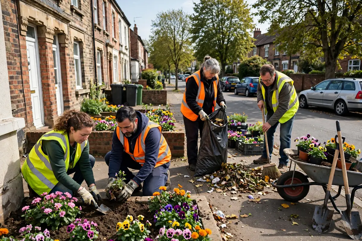 Volunteers and council workers improving a residential street after a neighbourhood action group project.