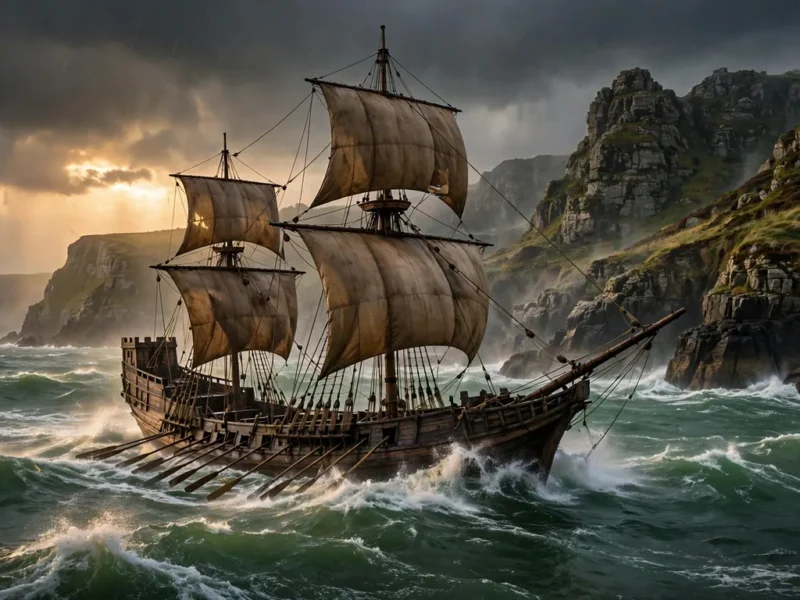 A sixteenth-century Irish galley ship on the stormy Atlantic off the Irish coast, evoking the world of o'malley grace