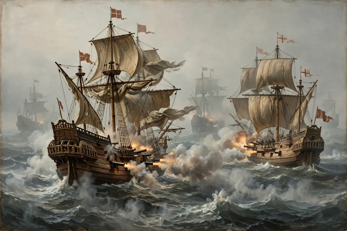 An Elizabethan-era naval battle with wooden warships firing cannons, the kind of sea warfare o'malley grace took part in