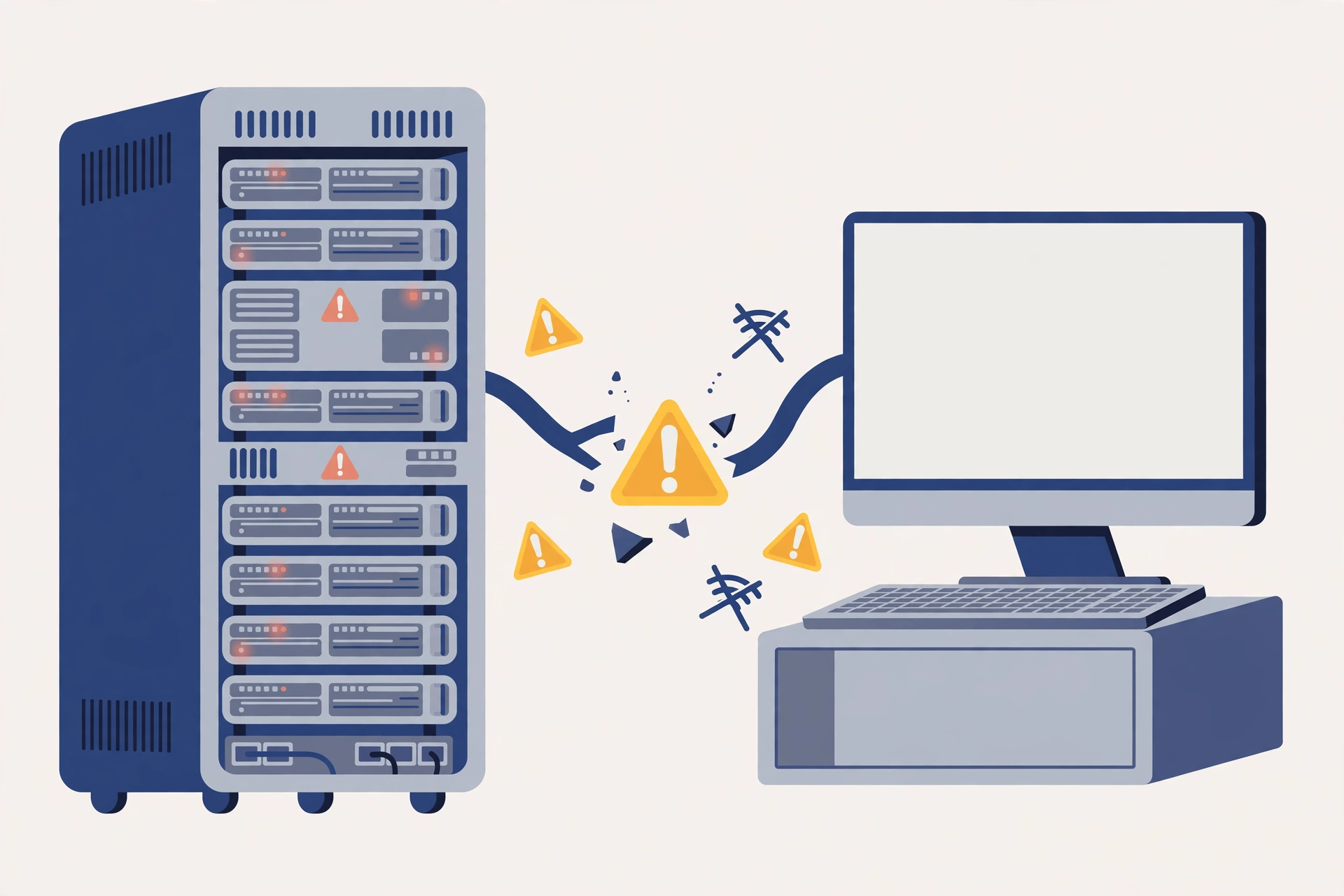A visual of a network and server connection problem with a broken link between a server rack and a computer.