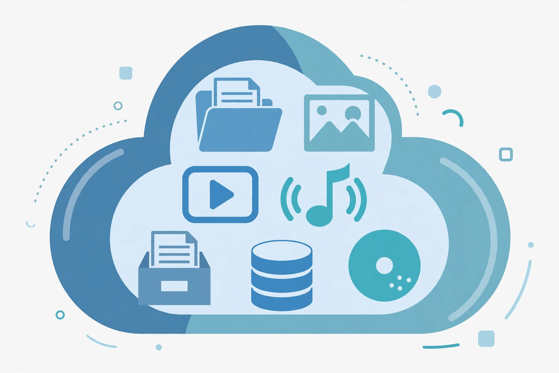 An abstract illustration of a cloud-based archive and media server service with file icons stored in a stylized cloud.