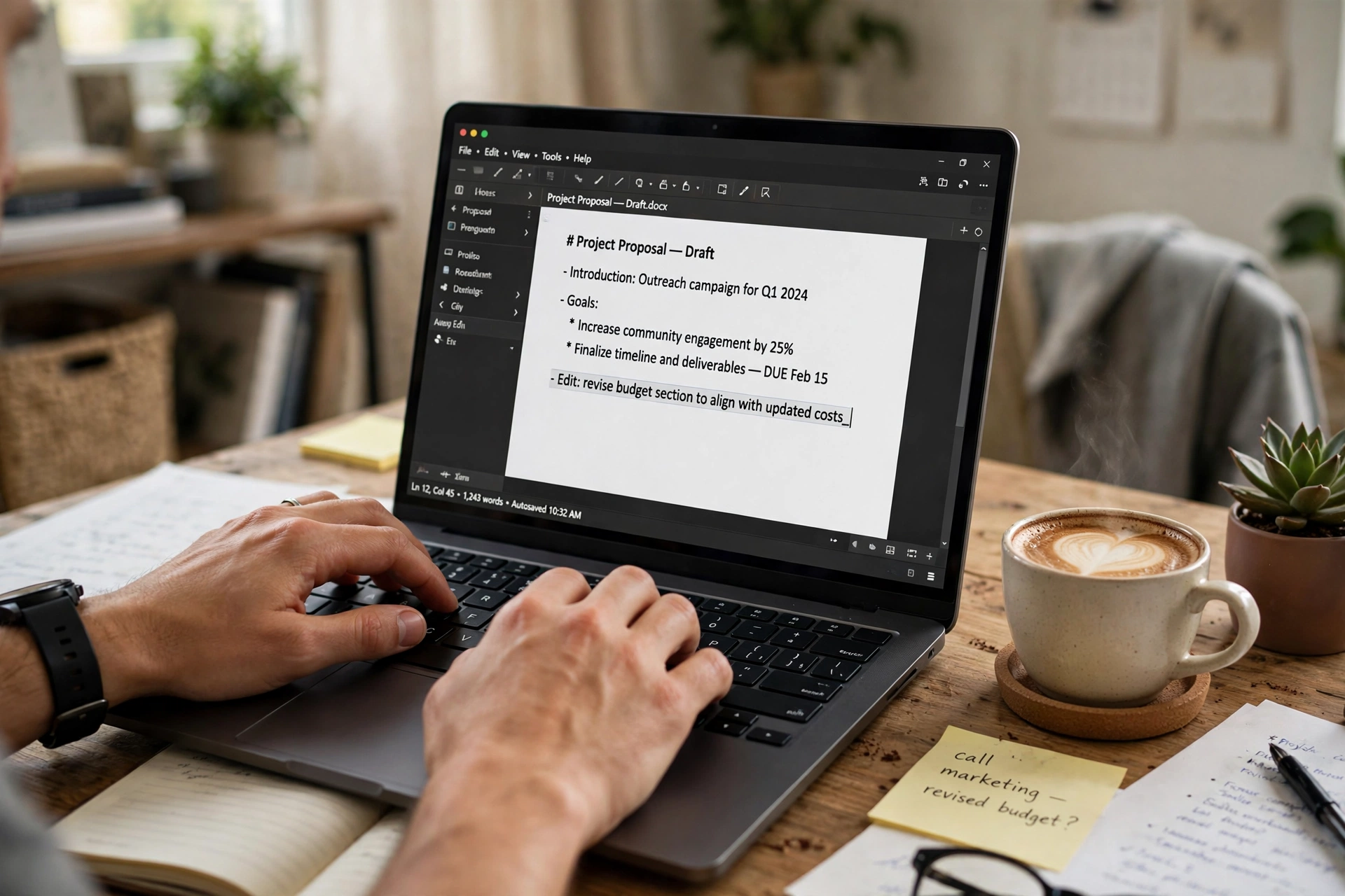 Hands typing on a laptop editing a text document beside a coffee cup.
