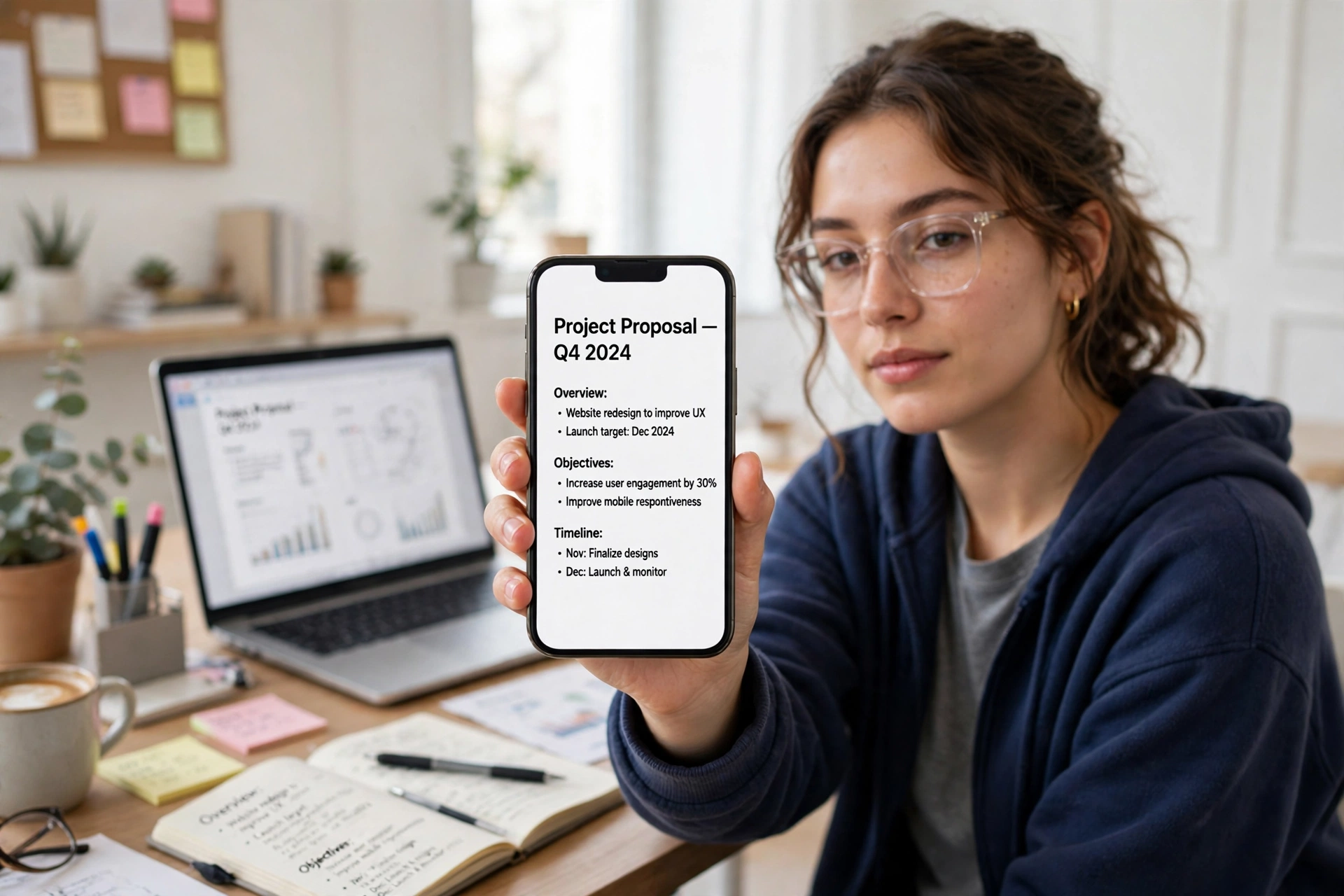 A person holding a smartphone showing a document with a laptop behind it.