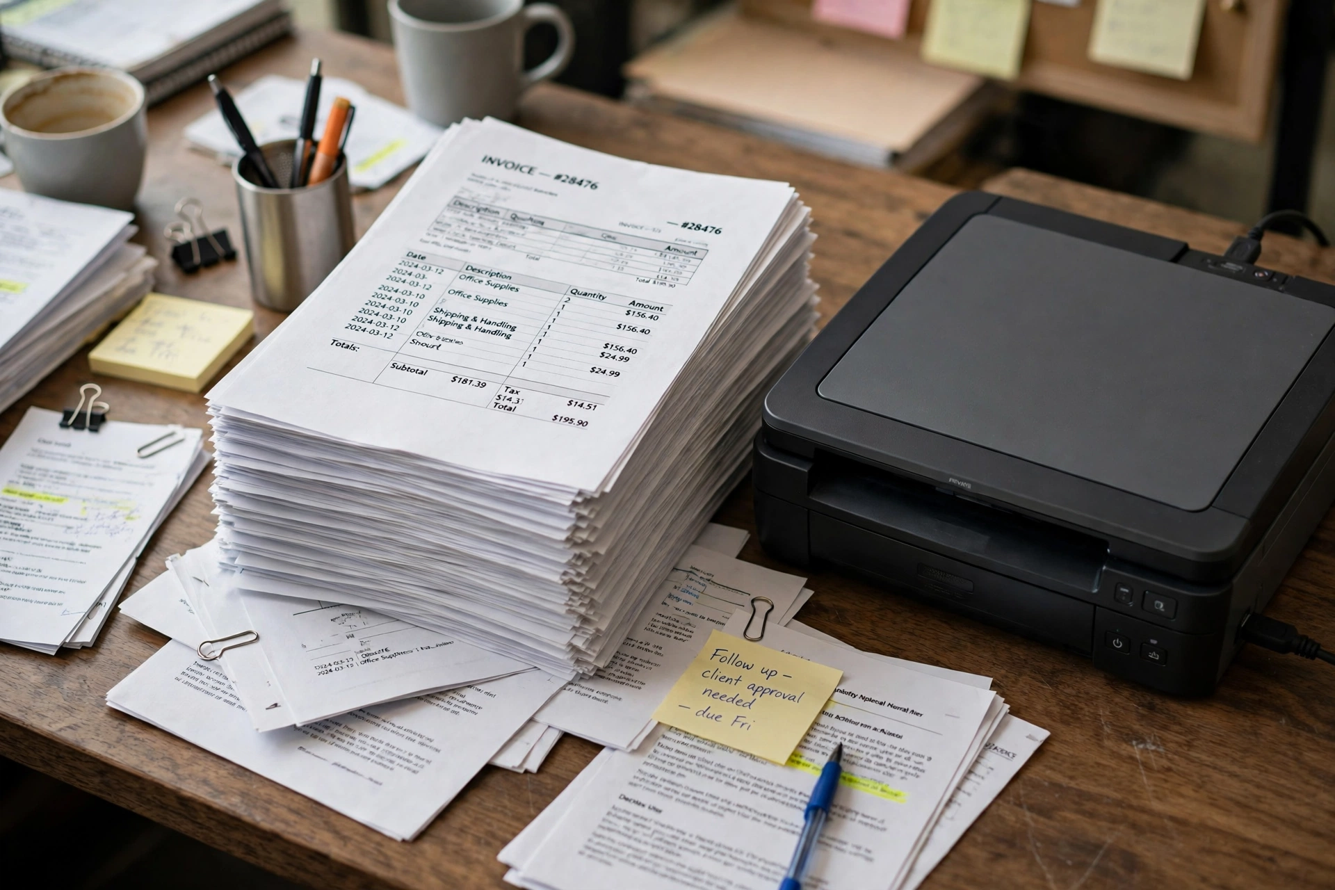 A stack of printed pages beside a scanner on a desk.
