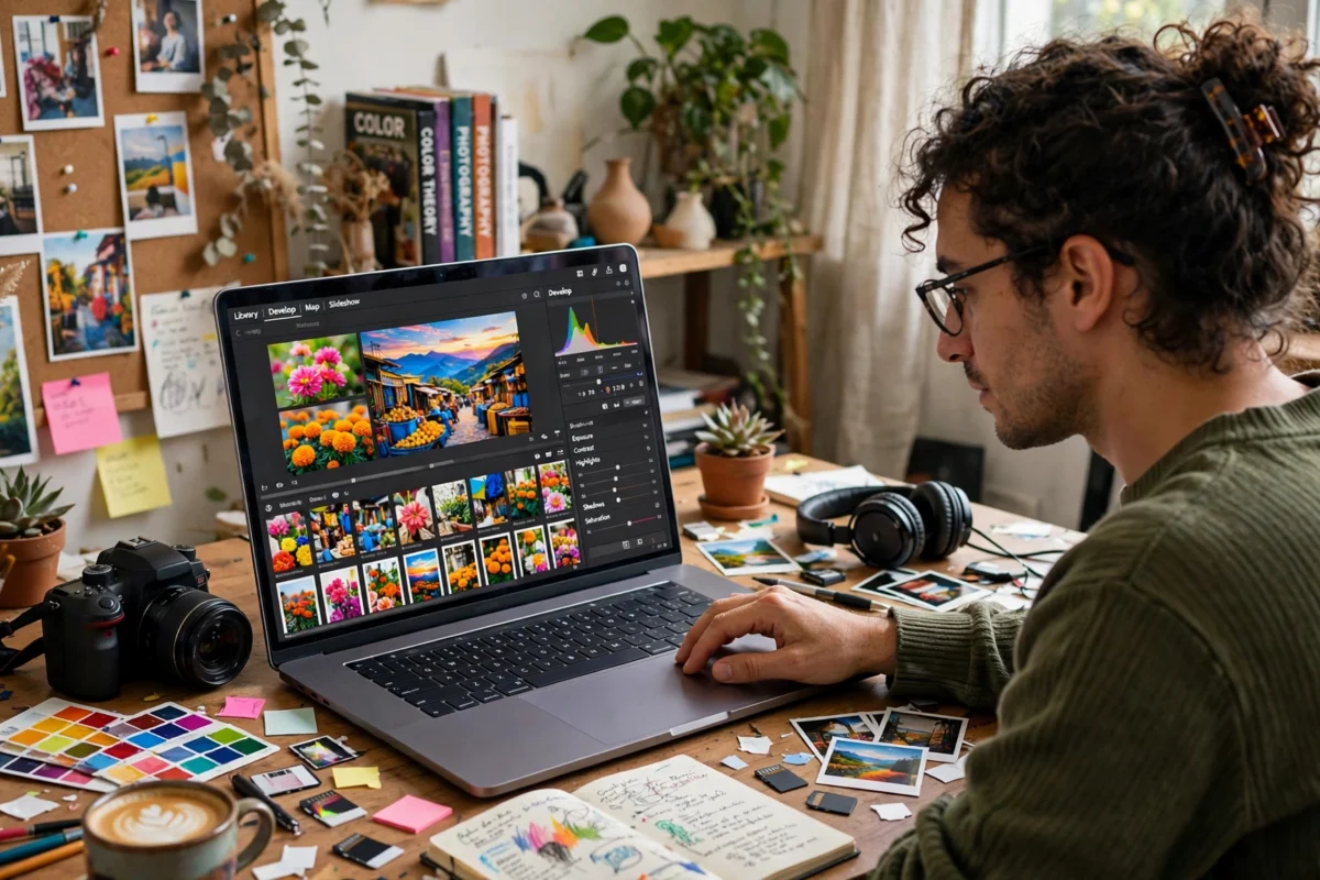 A person editing colourful photos on a laptop in a creative workspace.
