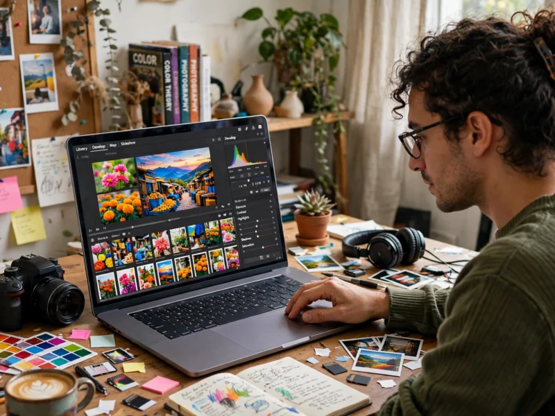 A person editing colourful photos on a laptop in a creative workspace.