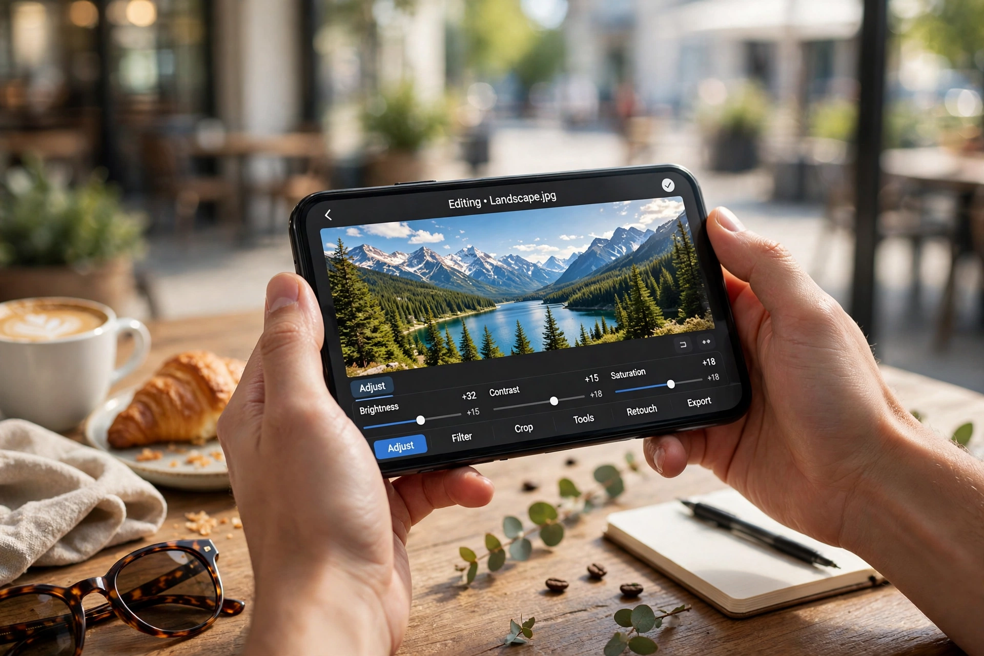Hands holding a smartphone editing a bright landscape photo at a café table.