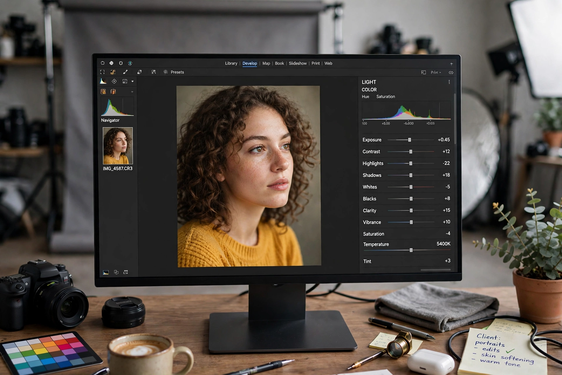 A portrait being retouched on a computer screen with editing controls visible.
