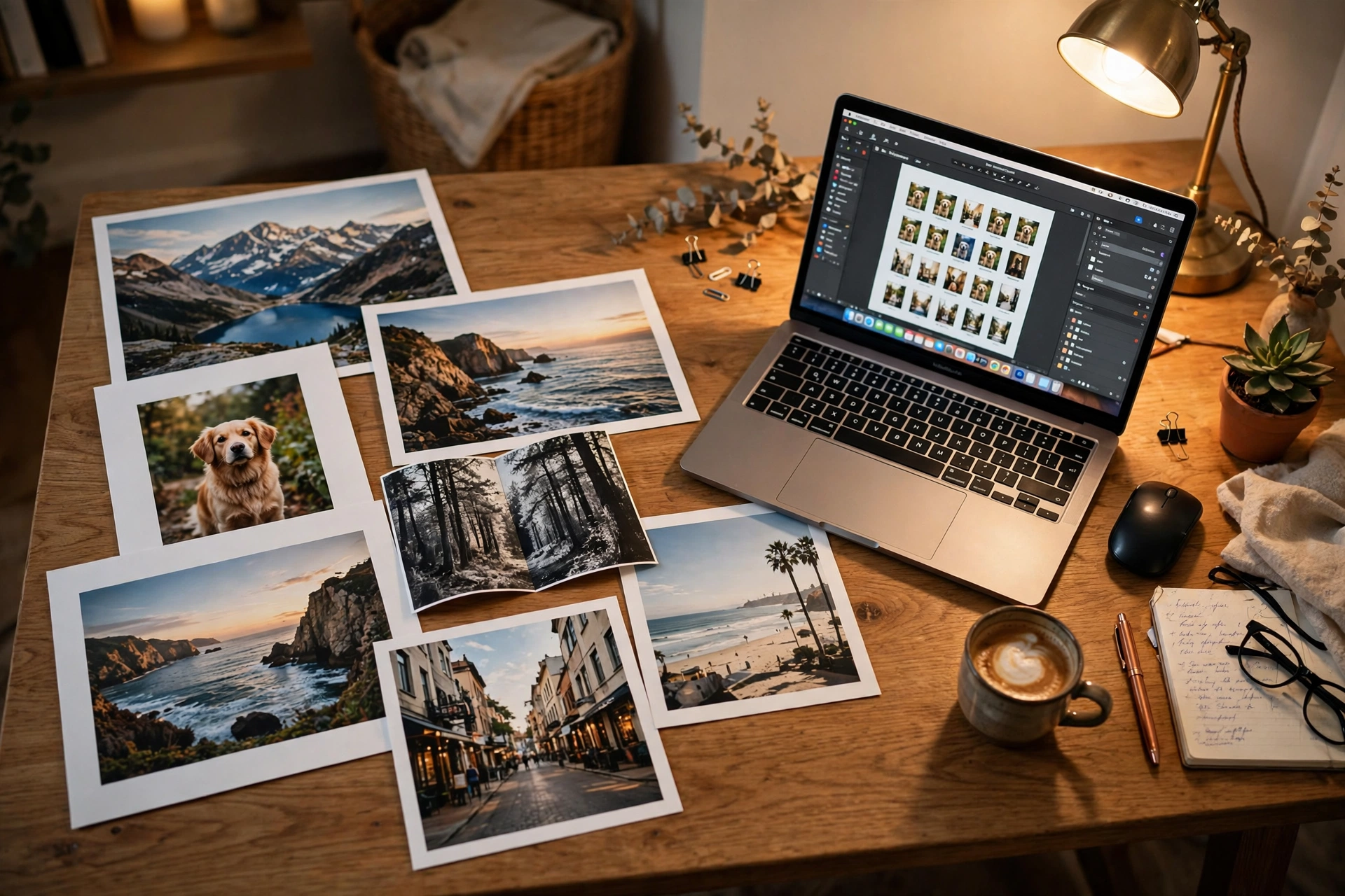 Printed photographs laid out on a desk beside a laptop.