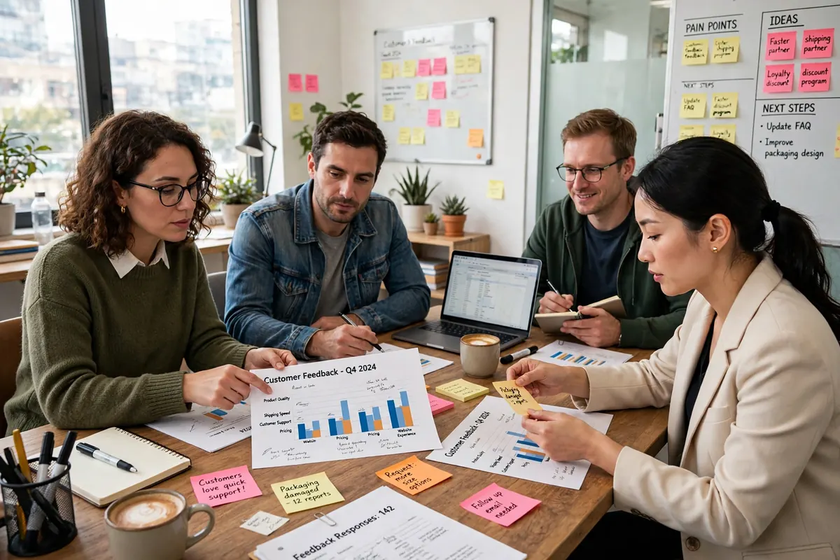 A small business team reviewing printed customer feedback charts and sticky notes in a planning session.
