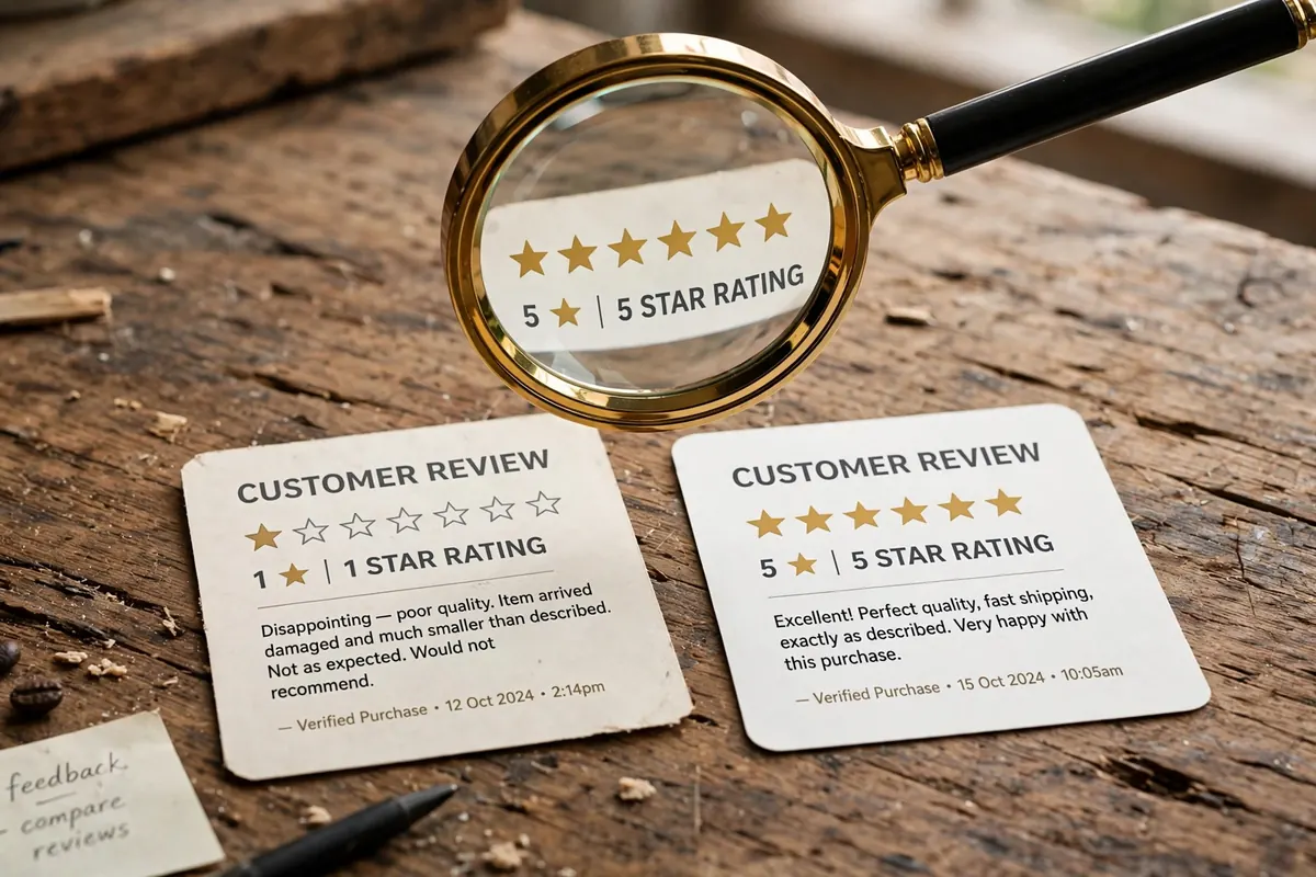 A magnifying glass over customer review cards showing one-star and five-star ratings on a desk.