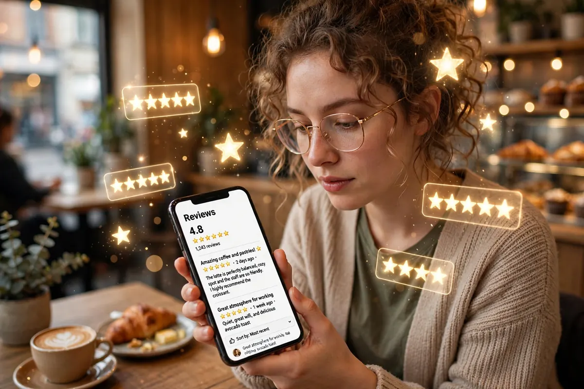 A person reading online reviews on a smartphone with star-rating icons floating around.